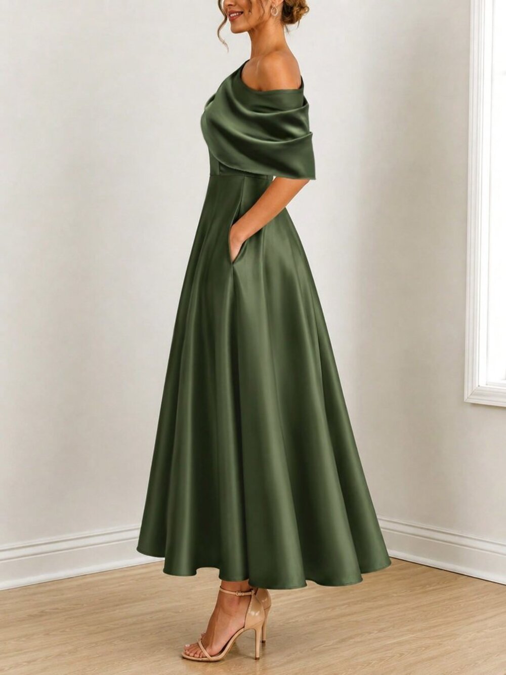 Olive Green Elegant Regular Fit Asymmetrical Ruched Zipper Long A-Line Dress - Picture 4 of 5